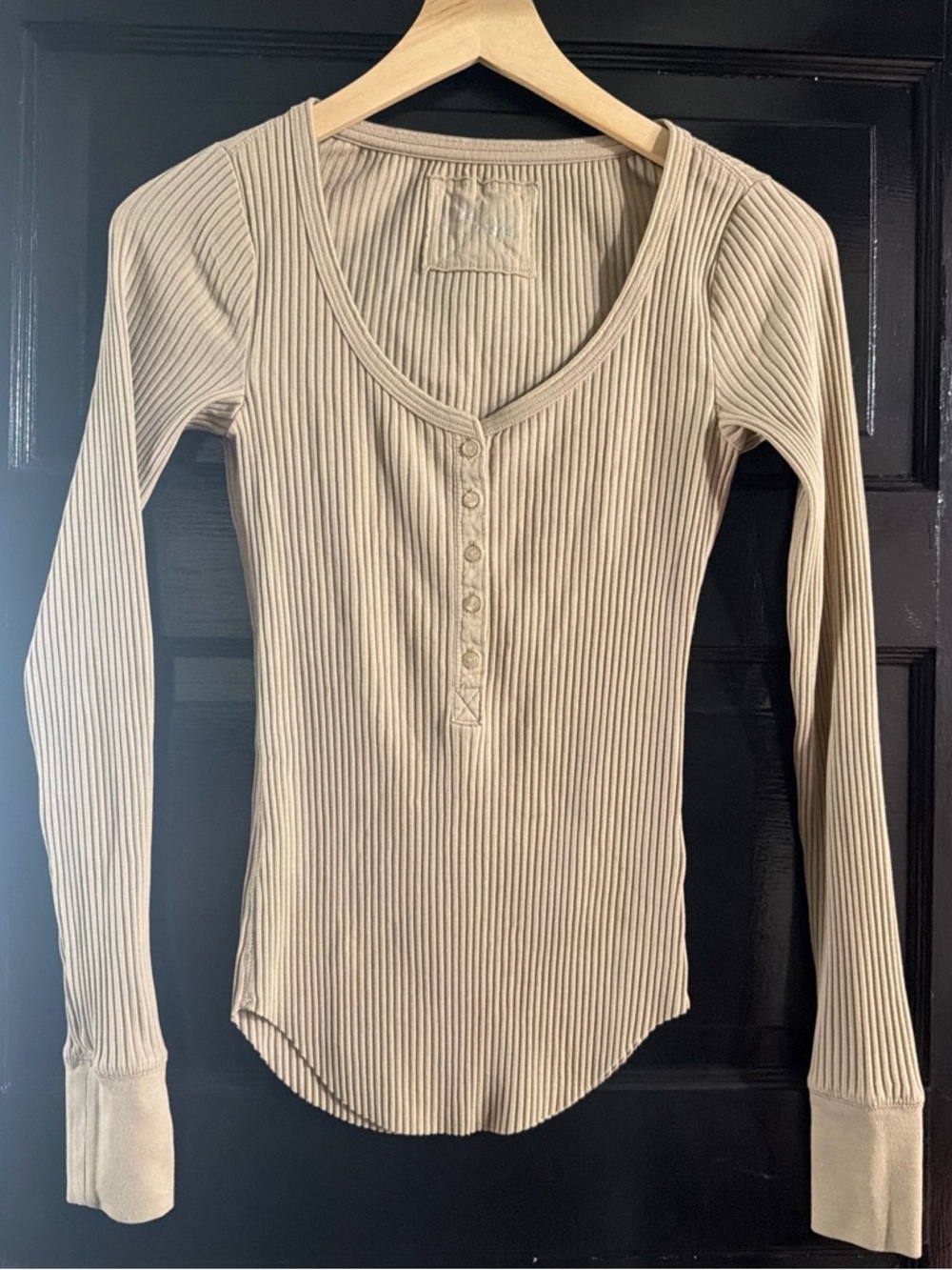 aerie Ribbed Henley Long-Sleeve Top in Light Tan